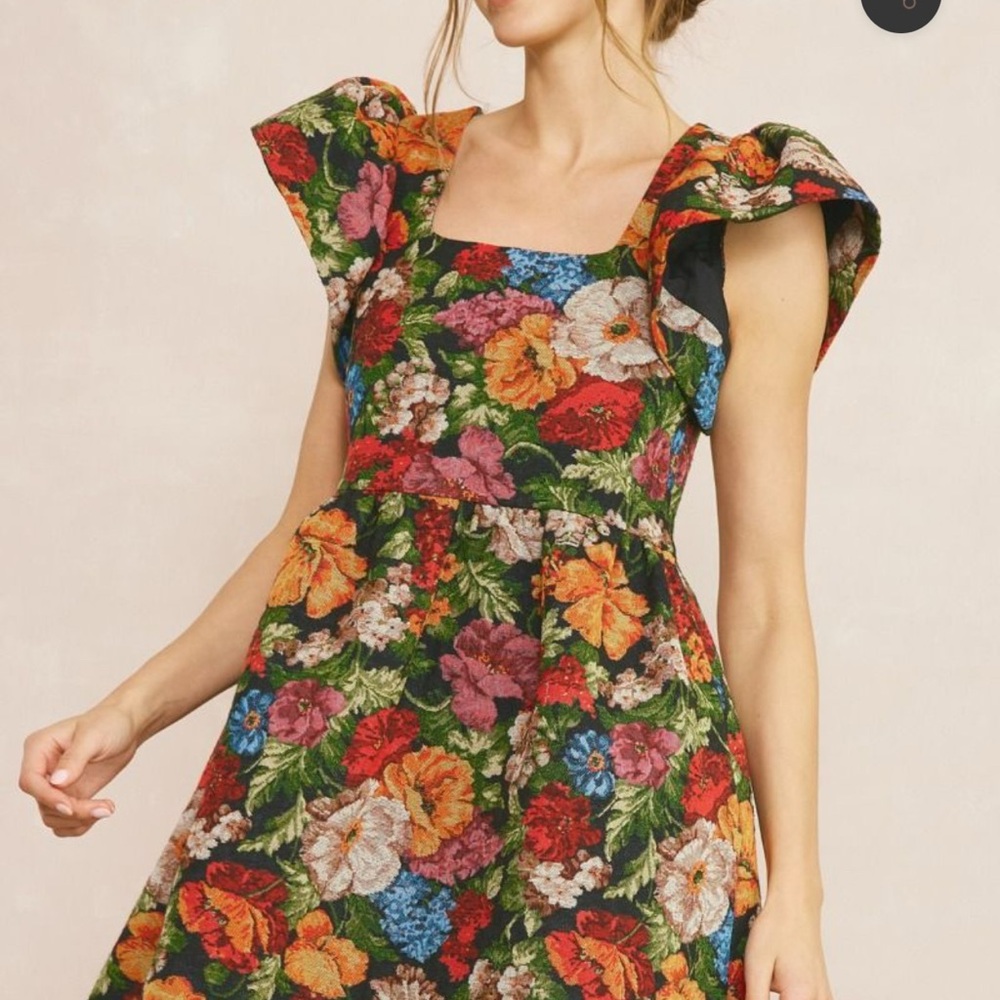 entro Floral Square-Neck Mini Dress in Black with Multicolor Blooms